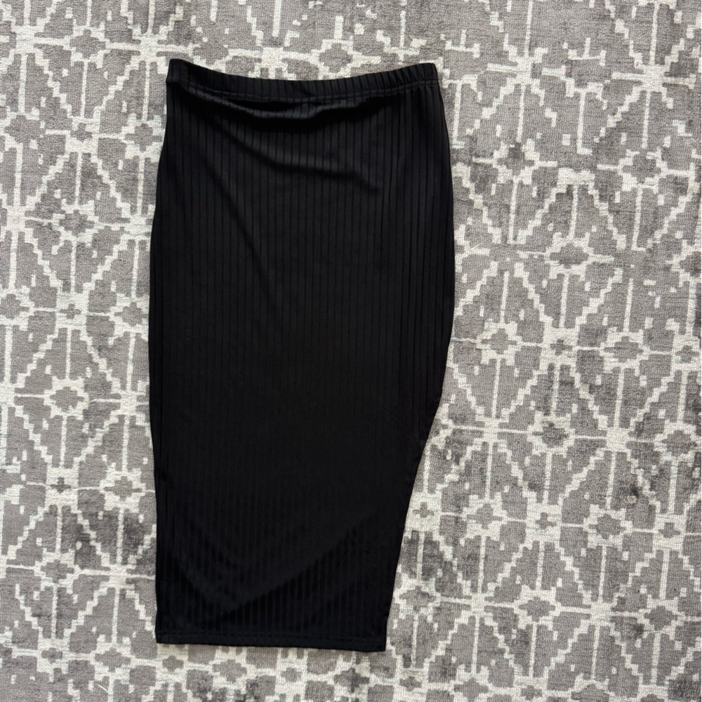 Black Ribbed Midi Pencil Skirt Side Slit Stretch Size Medium